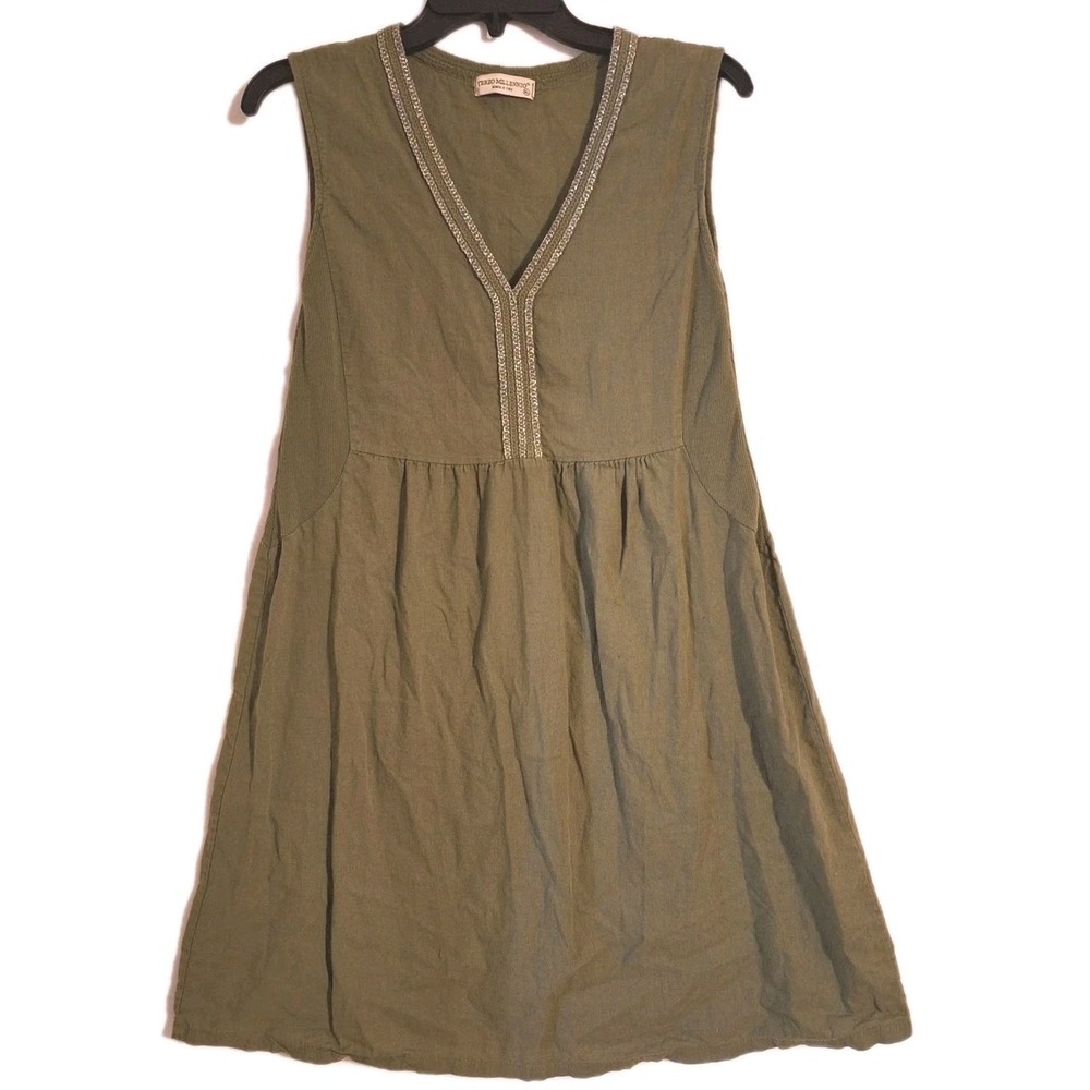 Terzo Millennio Sleeveless Linen Dress Green Silver Metallic Trim L *Altered*